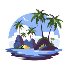 A flat illustration of a tropical island with lush palm trees
