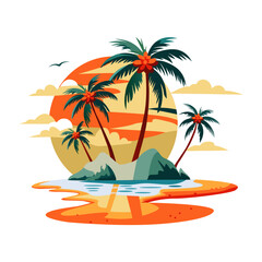 A flat illustration of a tropical palm island with a vibrant sunset in the background