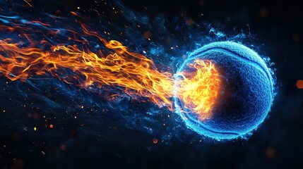 Tennis ball in fire and fast on background,motion of tennis racket hitting the ball,Tennis ball in flames,sport day,space for text.