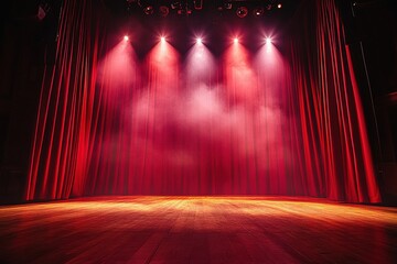 Theatrical performance preparation empty theater stage high-intensity scene dramatic lighting perspective view artistic vision