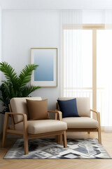 Fototapeta premium Modern living room with two armchairs, plant, and window view, ideal for interior design websites