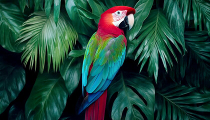 Obraz premium Vibrant parrot perched among lush green tropical leaves.