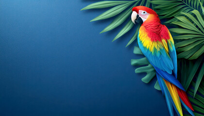 Fototapeta premium Vibrant parrot perched on lush green leaves against a blue background.