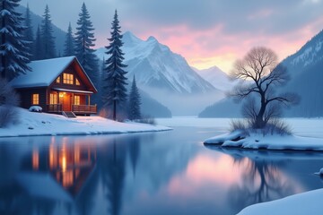 Fototapeta premium Beautiful wooden cabin glowing with warm lights, surrounded by snowy pine trees and mountains. Set by a serene frozen lake with reflections at sunset. Perfect for winter and travel concepts.