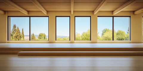 Fototapeta premium Modern open space with large windows showcasing a scenic view of greenery and mountains