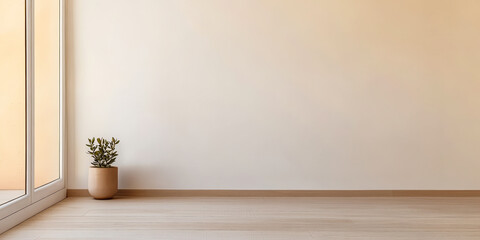 Fototapeta premium Minimalist interior design featuring a potted plant and soothing light in a modern space