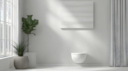 Fototapeta premium Modern minimalist bathroom interior design; sunlight streams through window; plants add natural element; perfect for home decor websites