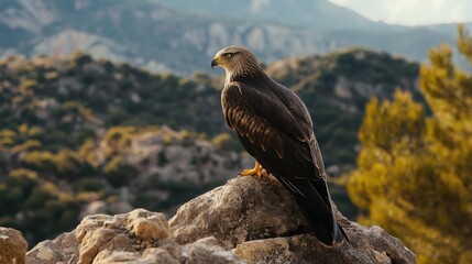 Fototapeta premium A black kite perched on a rocky outcrop in Monfrage, its sleek plumage blending with the rugged landscape.