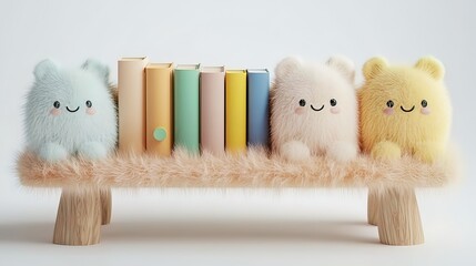 Cute fluffy creatures flanking colorful books on a fuzzy shelf.