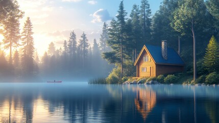 Fototapeta premium Tranquil lake with cabin and canoe at sunrise amidst misty pine forest
