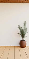Fototapeta premium Interior space with potted plant against white wall and wooden floor in natural light