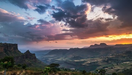 Fototapeta premium Breathtaking sunset over ethiopian highlands with dramatic clouds and vast landscapes