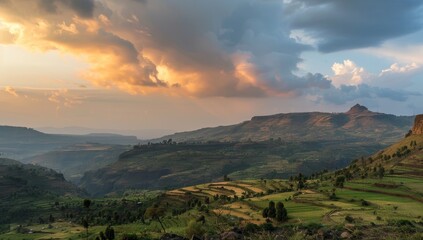 Breathtaking ethiopian highlands at sunset with dramatic clouds and lush green valley