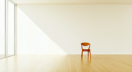 Fototapeta premium Minimalist interior with a single wooden chair in a well-lit room during daytime