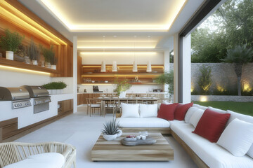 Fototapeta premium Modern outdoor kitchen and lounge area with garden view, perfect for luxury real estate listings or home design magazines