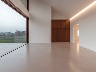 Obraz premium Modern interior of a spacious room with large windows and natural light in a minimalist design