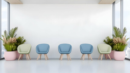 Fototapeta premium Modern waiting room interior design with pastel chairs and plants, city view; ideal for healthcare, office, or hospitality websites