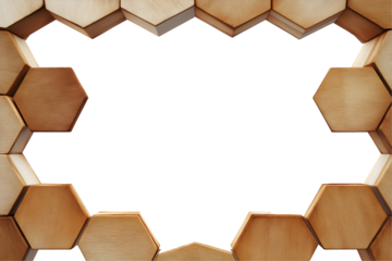 Hexagonal wooden frame with a honeycomb texture, eco inspired. Isolated on transparent or white background cut out