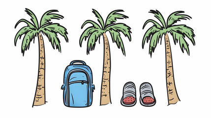 Fototapeta premium Tropical vacation backpack and sandals illustration, palm trees background, travel planning design