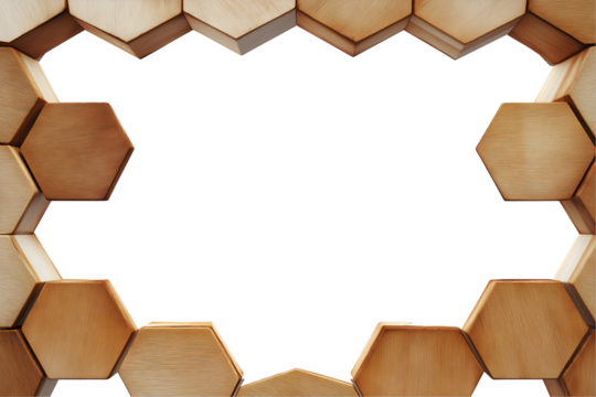 Hexagonal wooden frame with a honeycomb texture, eco inspired. Isolated on transparent or white background cut out