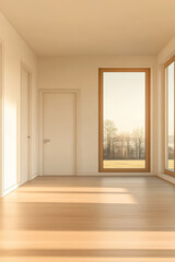 Fototapeta premium Sunlit room with large windows showcasing serene outdoor landscape in early morning