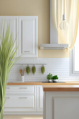 Fototapeta premium Modern white kitchen interior design; light wood countertops, herbs hanging, sunlight; ideal for home decor websites