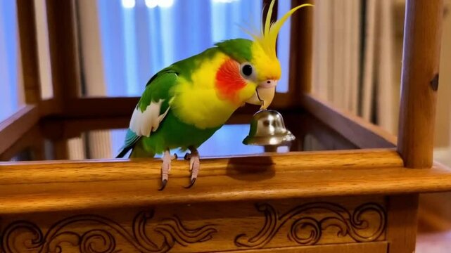 A cockatiel playing with a small bell toy inside a wooden aviary.