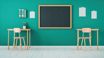 A minimalist workspace with green walls, two wooden desks, chairs, a chalkboard, and decorative items, creating an inviting and productive environment.