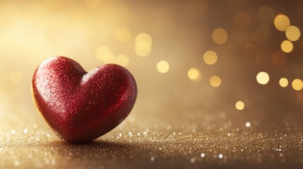 Fototapeta premium valentine day 3d one red heart golden vibrant bokeh background plain and on the corner a red color heart shape chocolates with sparkle some golden lights 