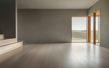Fototapeta premium Minimalist interior featuring open space and natural light with a view of the landscape