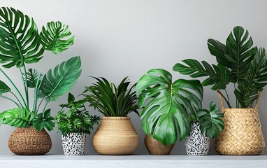 Lush green tropical plants in various pots on a shelf against a white wall.