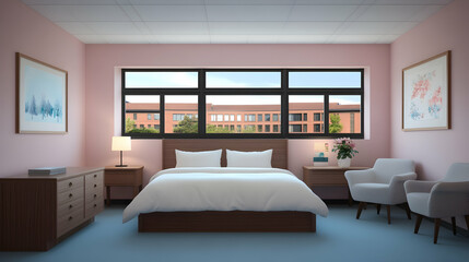Peaceful pink bedroom with city view, ideal for relaxation and tranquility; perfect for hotel, hospital, or rental property marketing