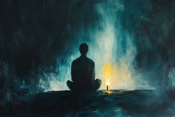 Solitary Figure Meditates Before A Small Flame At Night