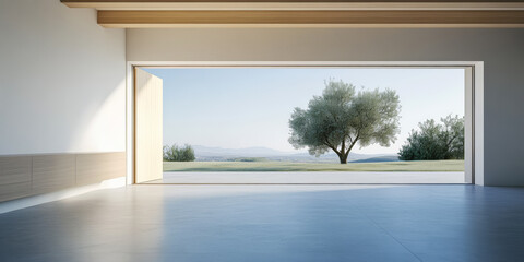 Fototapeta premium Minimalist interior with open view of olive trees in a serene landscape