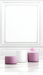 Pink cylindrical pedestals and white cylinder with blank canvas mockup in elegant room, ideal for product display or interior design
