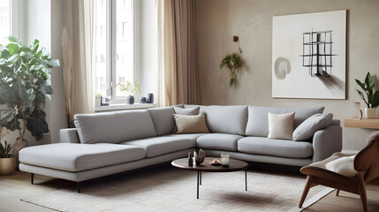 Elegant Sofa Setup in a Spacious Living Room, 3d rendering