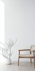 Modern interior with minimalist chair and decorative branch in a bright room
