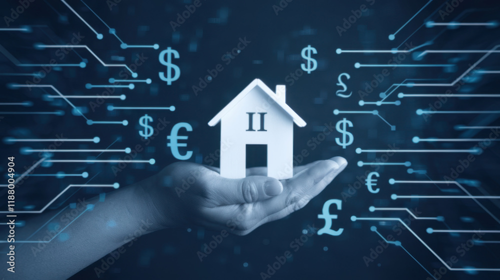 Poster businessman utilizing smartphone to access digital currency banking and virtual financial data world