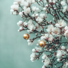 Elegant Spring Blossom Branch with Golden Spheres  Soft Blue Background  Floral Photograph
