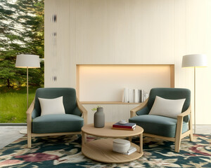 Serene living room with two armchairs, coffee table, and forest view; ideal for interior design websites or magazines