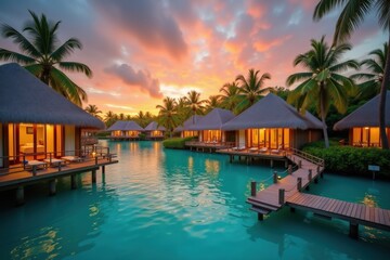 Fototapeta premium Idyllic tropical resort featuring luxurious overwater villas with thatched roofs, wooden walkways, palm trees, and a vibrant sunset over turquoise waters. Perfect for travel and vacation themes.