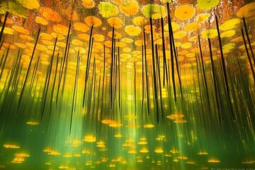 Fototapeta premium Vibrant Underwater Scene with Colorful Circular Shapes Surrounded by Tall Vertical Structures in Vivid Green and Yellow Tones Creating an Abstract Natural Wonder