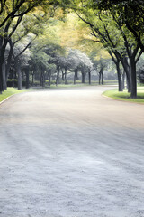 Obraz premium Serene park path winding through lush green trees on a misty morning, ideal for peaceful walks or contemplative moments
