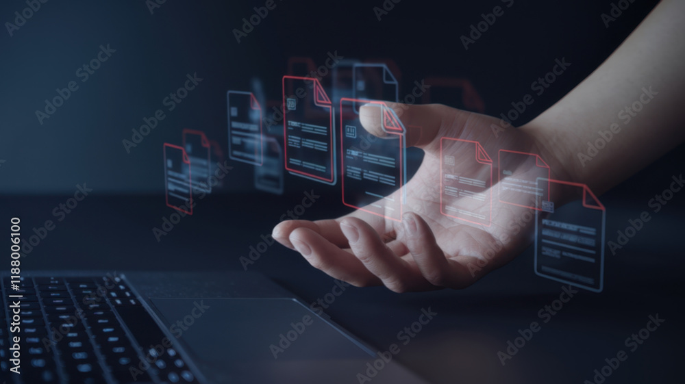 Poster businessman effectively using computer laptop to manage 7-e-invoice and online digital statements co