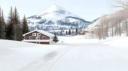 Fototapeta premium Snowy mountain chalet winter landscape, cross-country ski trail, village background; ideal for travel, real estate, or winter sports brochures