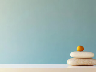 Balance achieved with smooth stones and a yellow sphere on a serene background