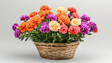 A bouquet of carnations in different colors arranged in a wicker basket.