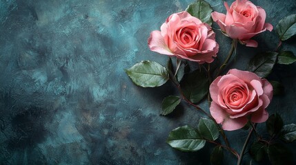 Elegant pink roses with green leaves on textured blue background