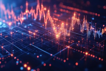 Fototapeta premium Dynamic financial data visualization upward glowing arrow in tech environment abstract graphic showing market trends