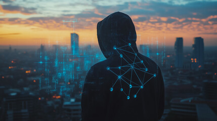 Fototapeta premium Hacker are planning to hack and attack networks and cyber security systems. Smart digital city with connection cyber security network reciprocity over the cityscape .